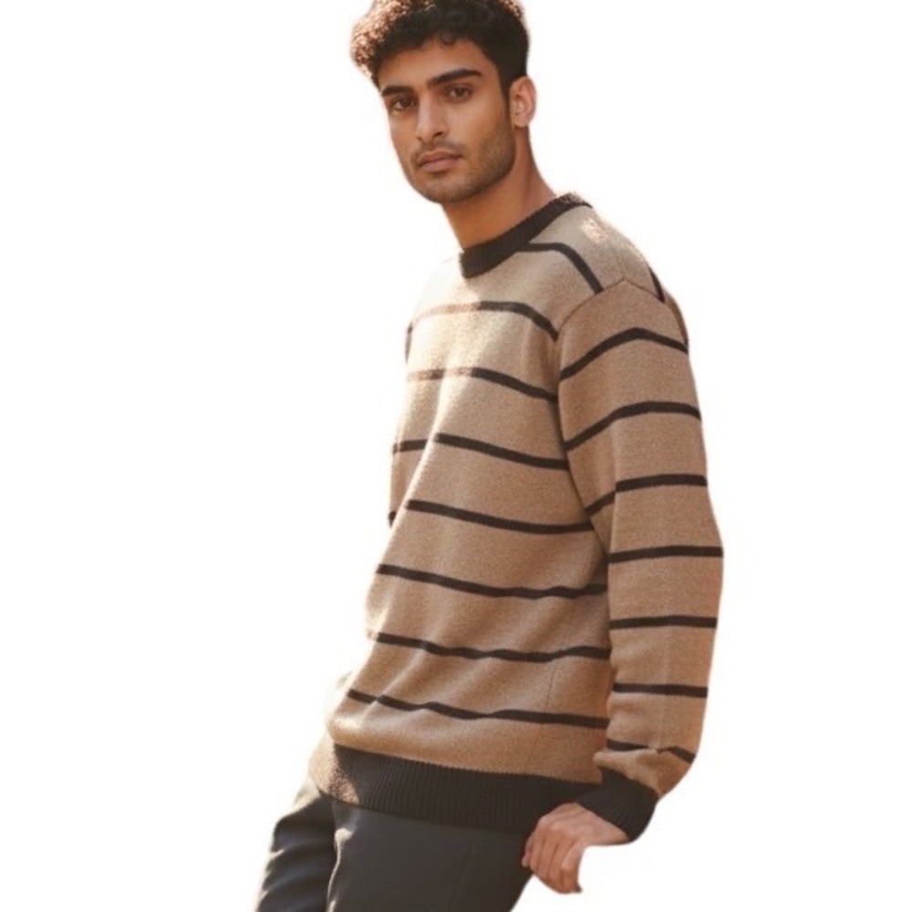 Springfield Lambswool Striped Crewneck Sweater Tan‎ Brown Dark Academia Small